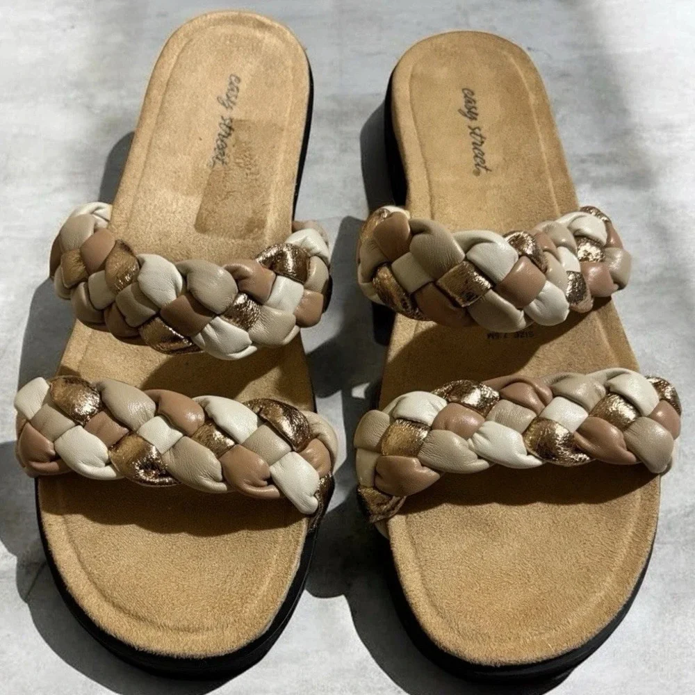 Easy Street Womens Braided Double Strap Slide Sandals Gold Beige Cream Size 7.5M